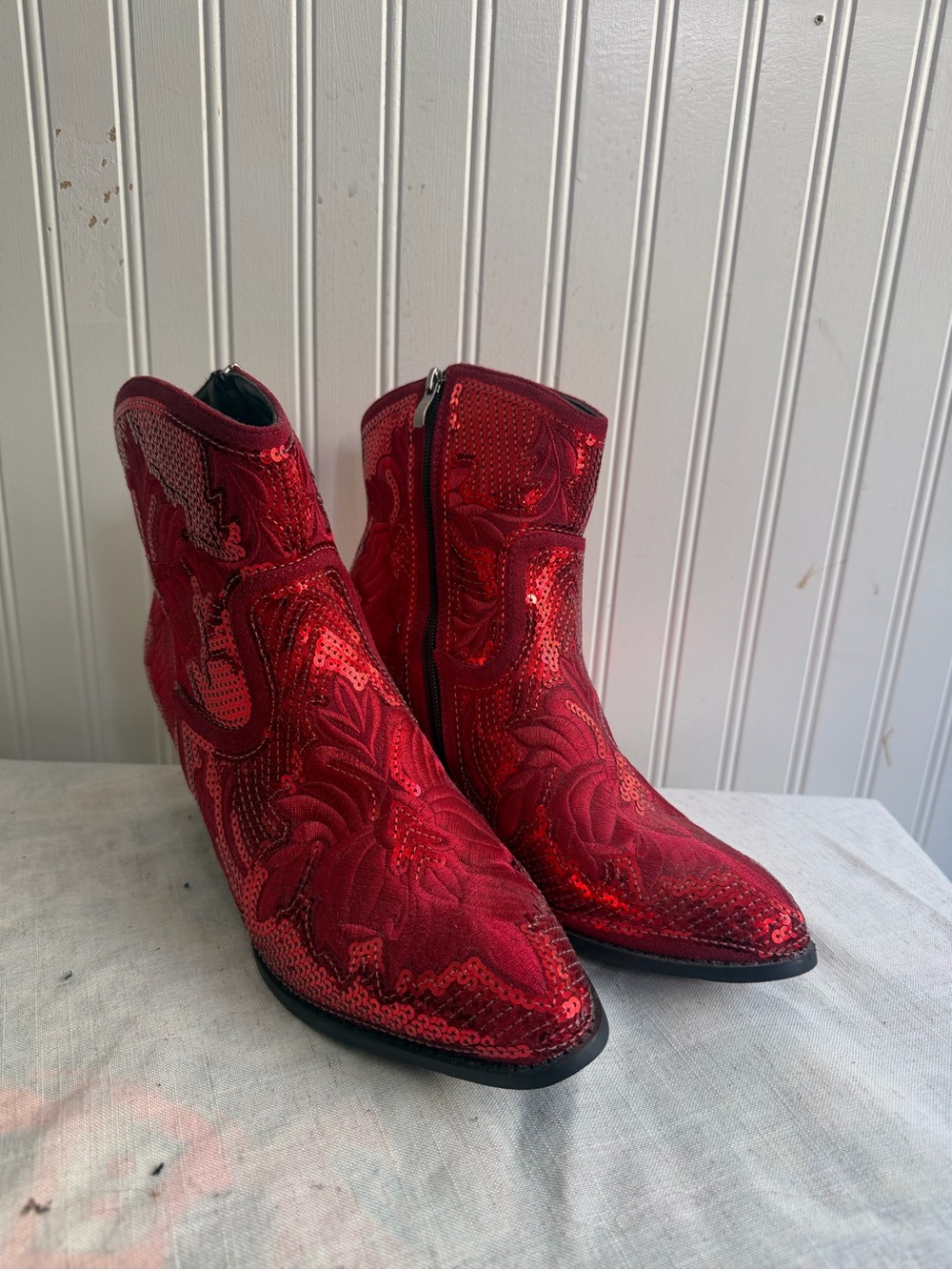 Women's Red Sequin Ankle Booties with Embroidered Detail